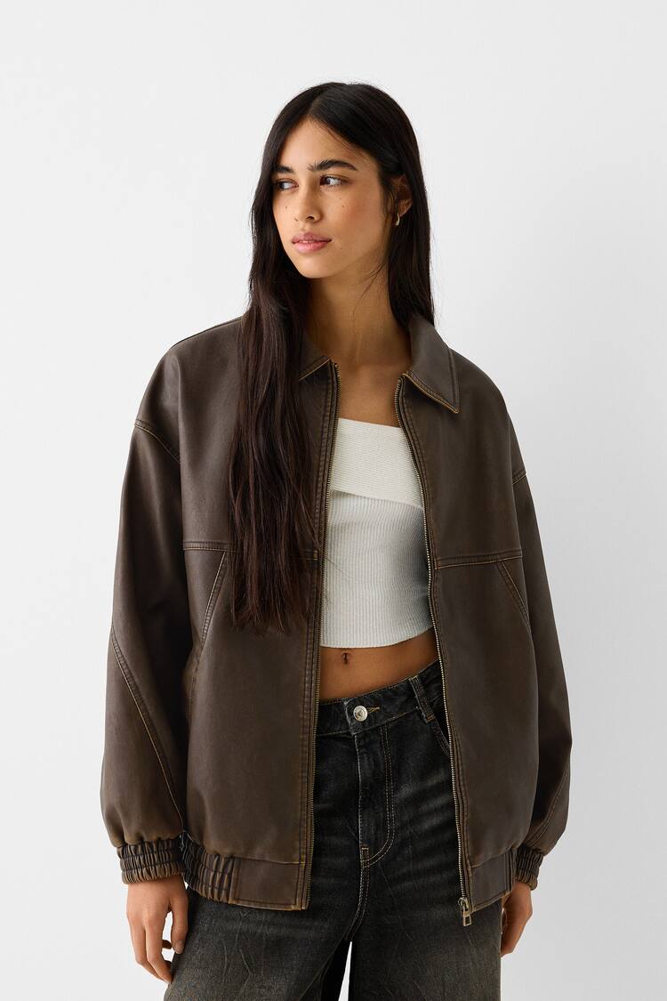 Distressed leather effect oversize dad fit jacket