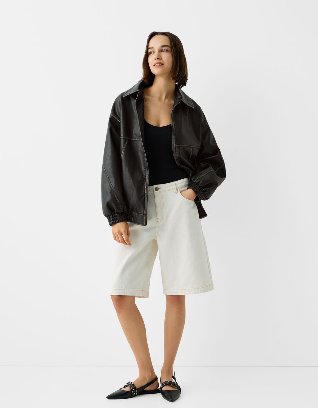 جاكيت داد فيت فضفاض من جلد صناعي معتق-أسود-3