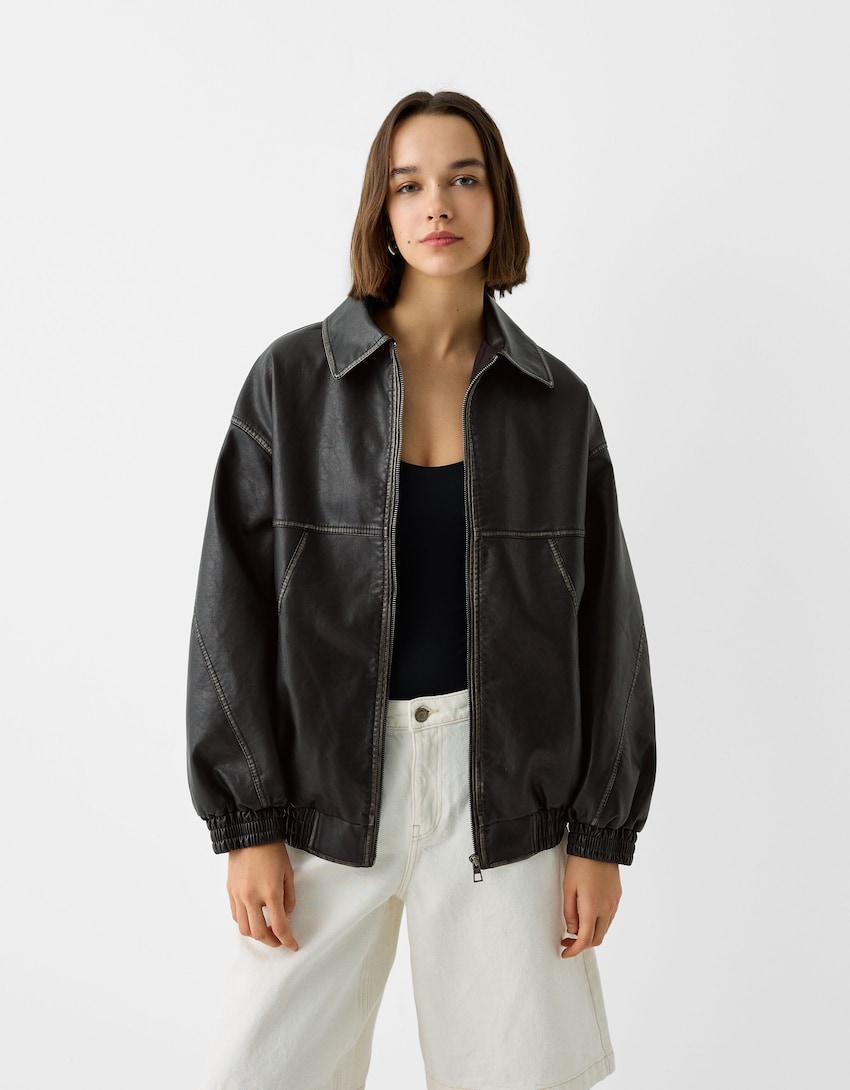 Distressed leather effect oversize dad fit jacket - Women | Bershka