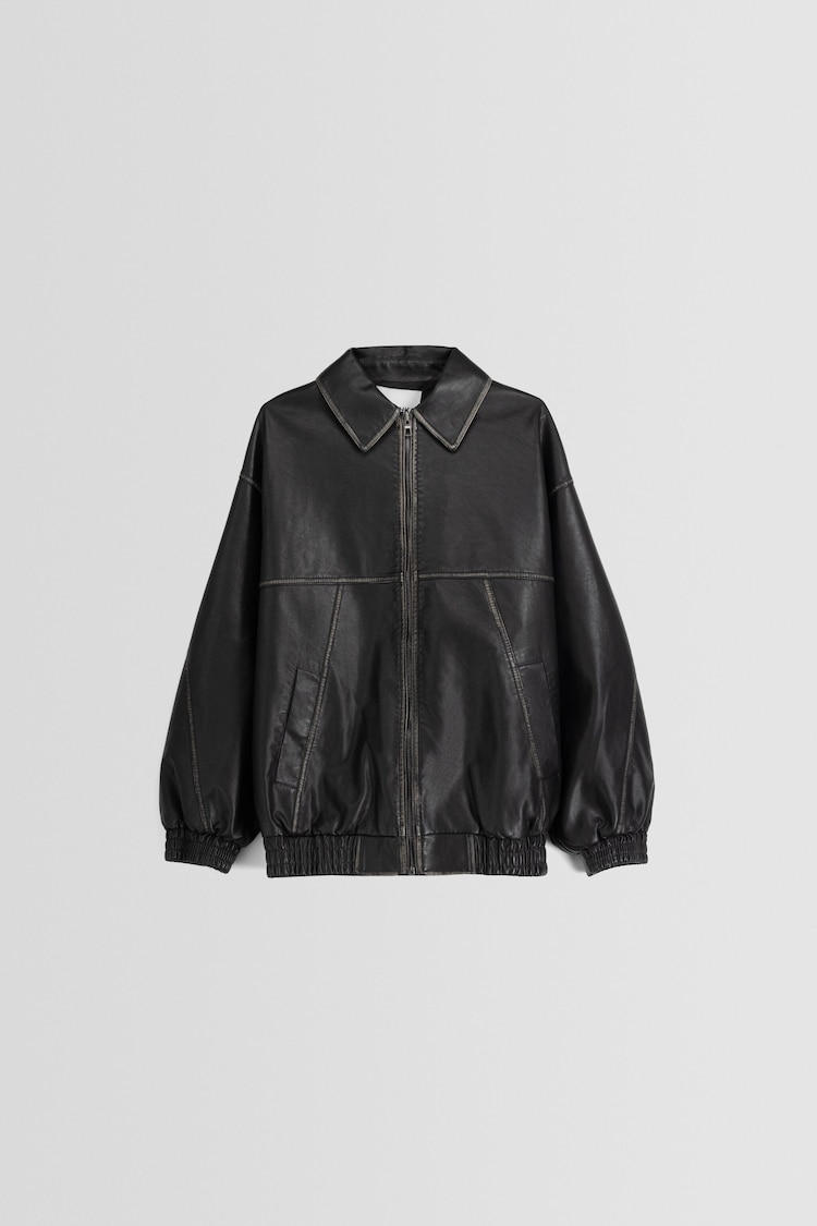 Distressed leather effect oversize dad fit jacket