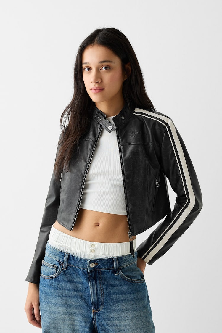 Faux leather jacket with side stripes