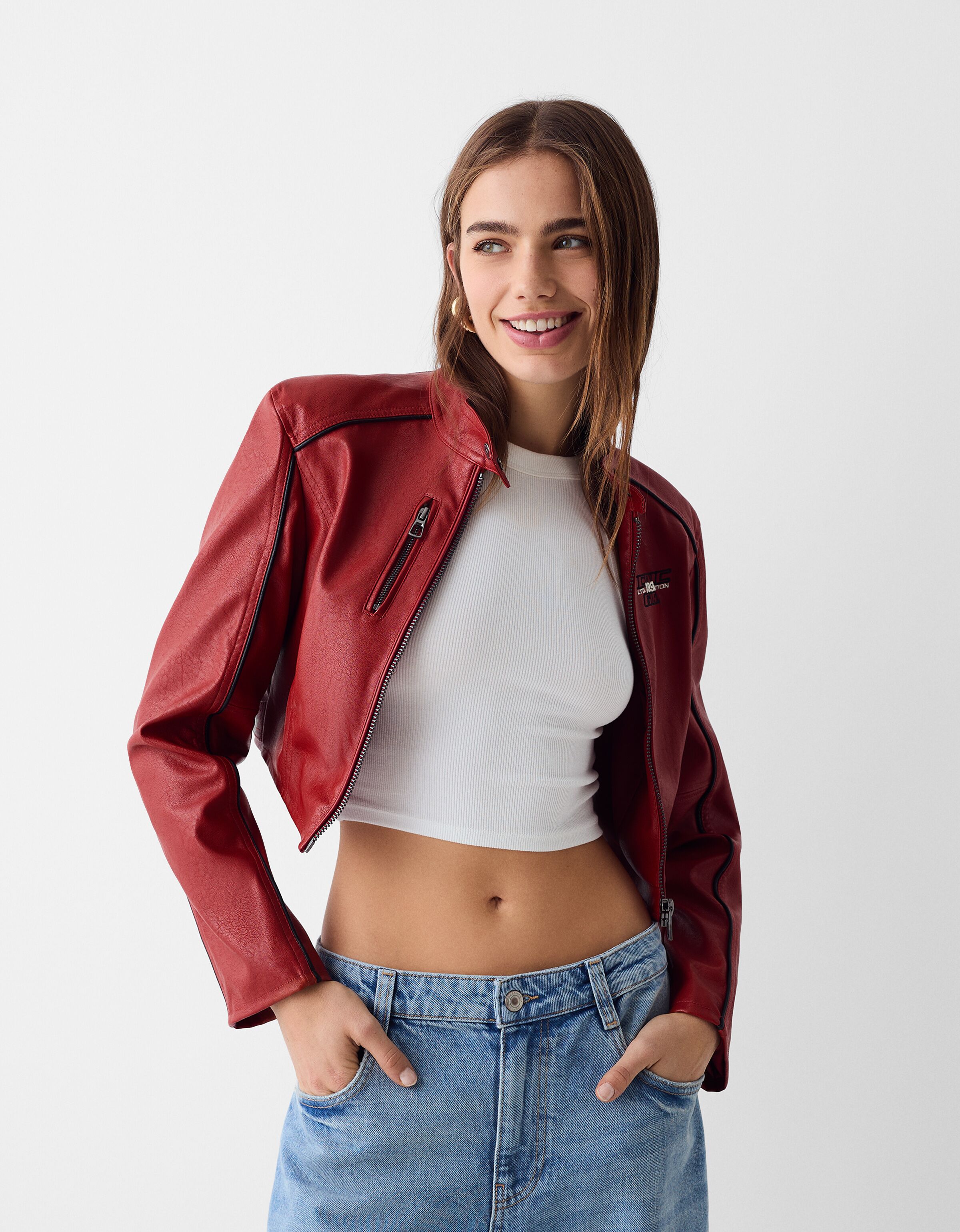 Bershka red leather jacket outlet