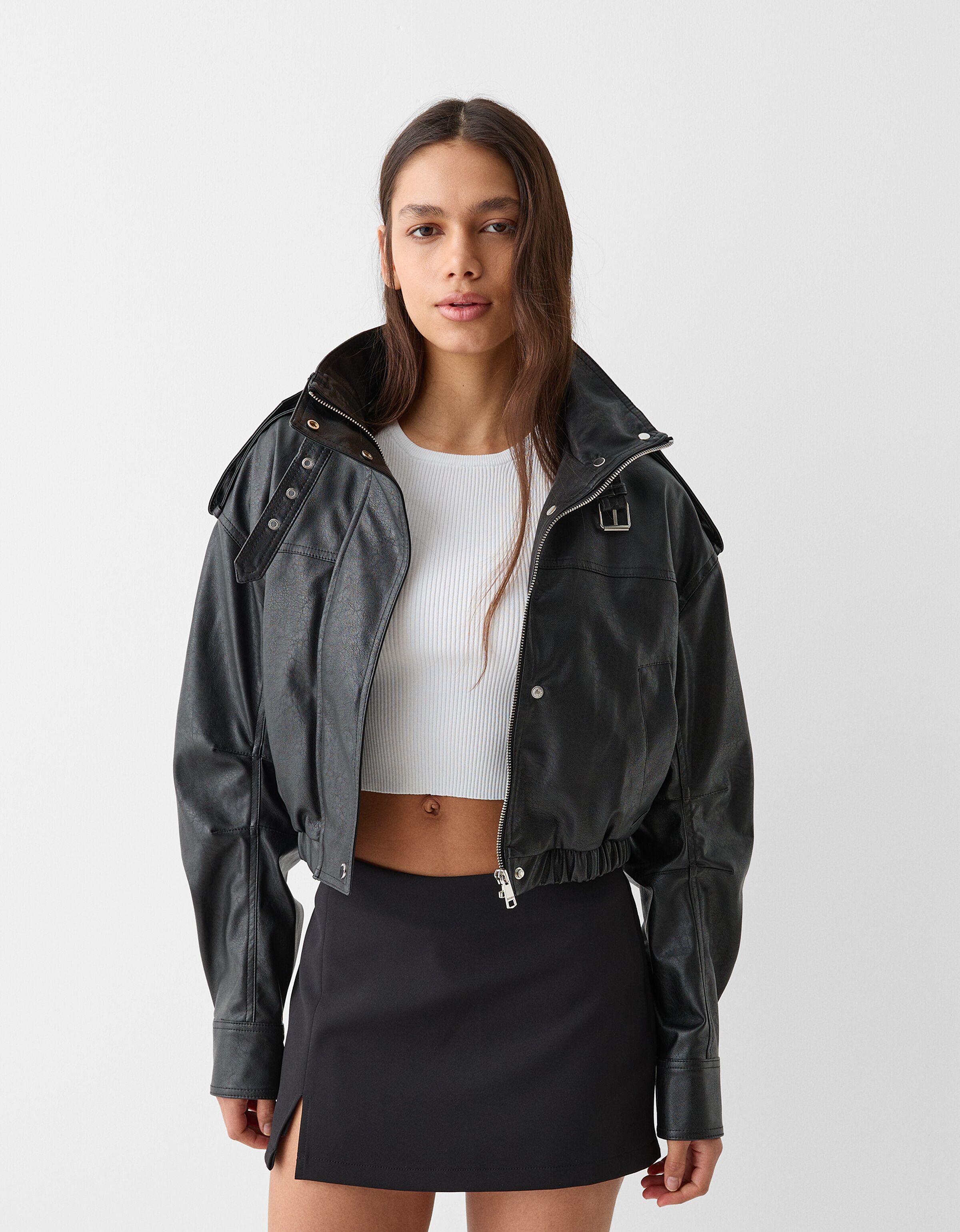80s leather effect jacket - Jackets - Women | Bershka