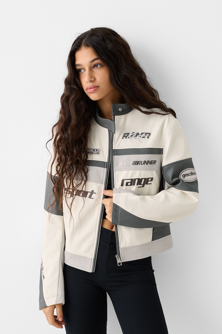 Leather effect embroidered racing jacket