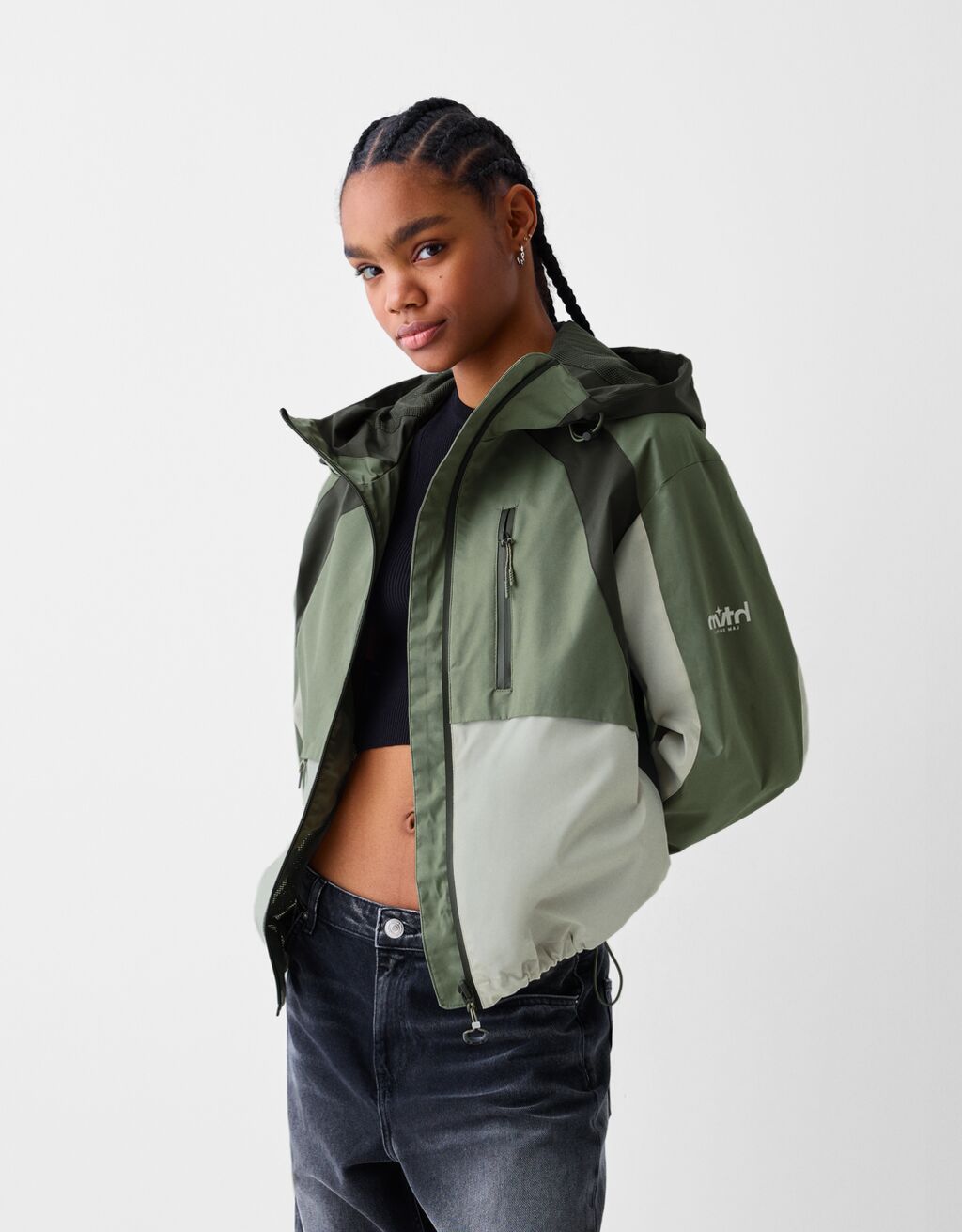 Colour block hooded jacket-Khaki-0