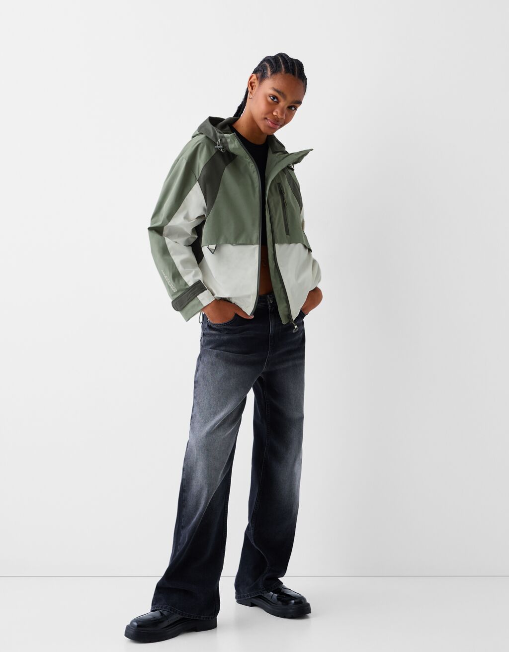 Colour block hooded jacket-Khaki-3