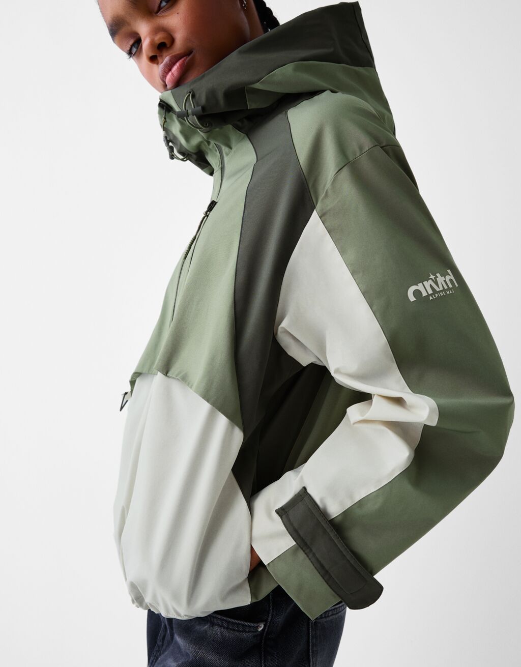 Colour block hooded jacket-Khaki-5