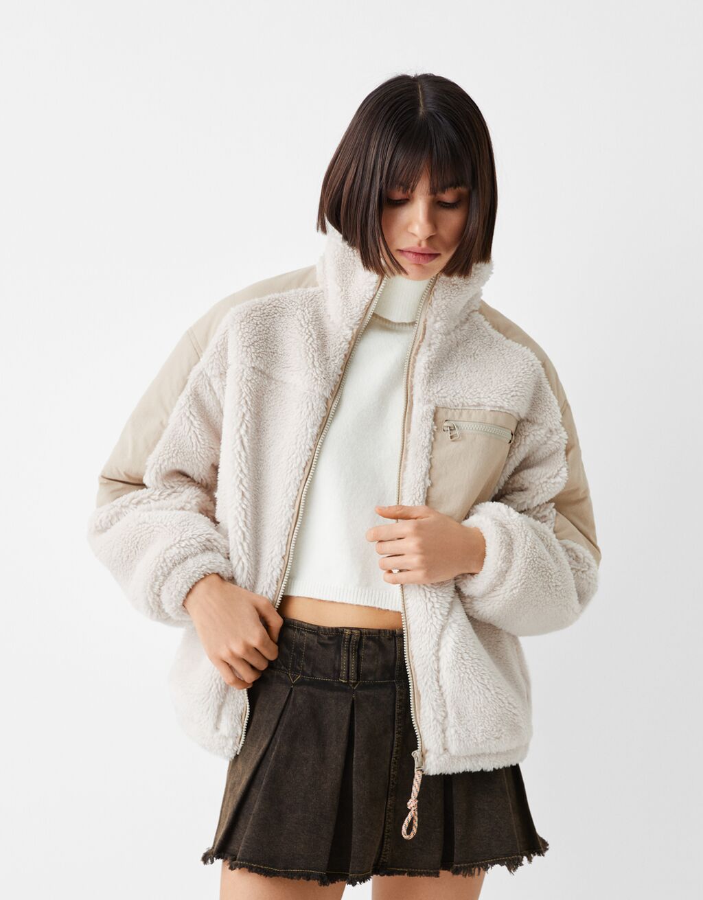 Contrast faux shearling nylon blend jacket Jackets Women Bershka