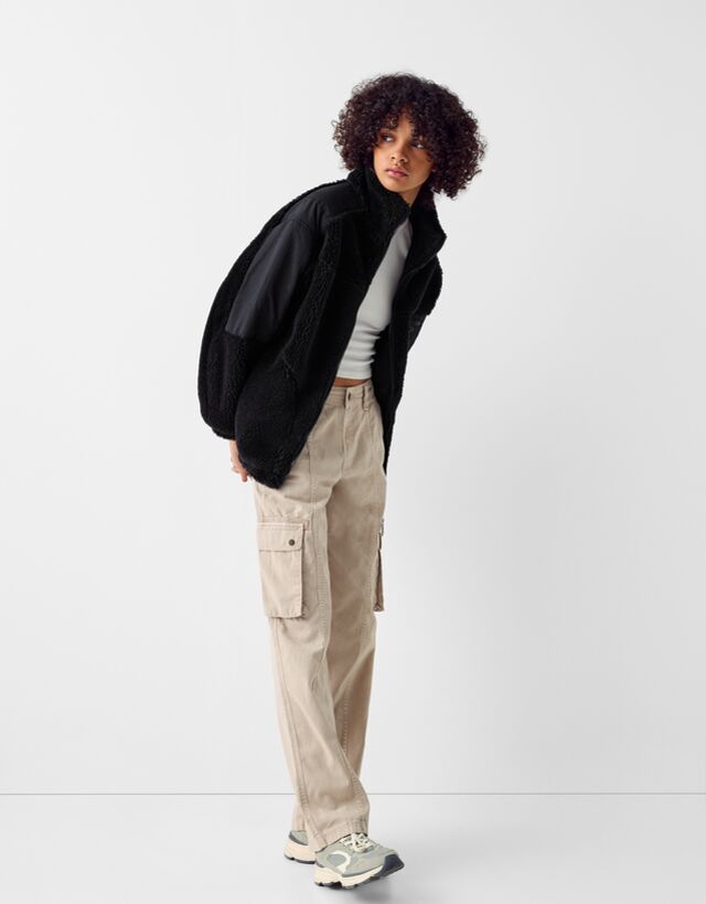 Contrast faux shearling nylon blend jacket