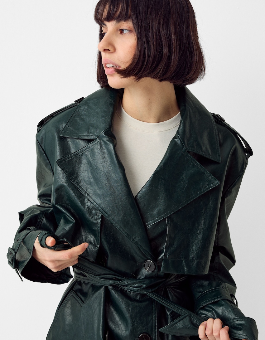 Extra-long leather effect trench coat - BSK Teen | Bershka