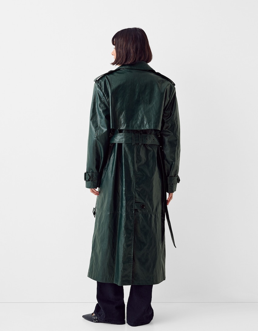 Extra-long leather effect trench coat - BSK Teen | Bershka
