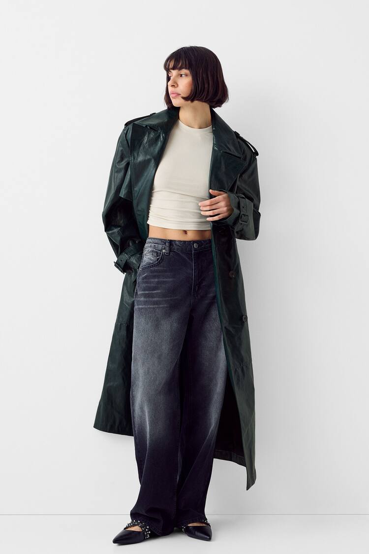 Extra-long leather effect trench coat