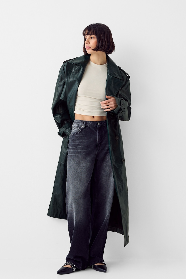 Extra-long leather effect trench coat