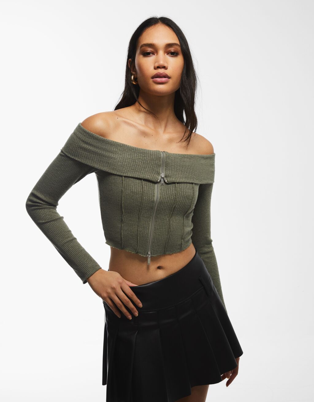 Bershka ribbed cardigan with zip shop