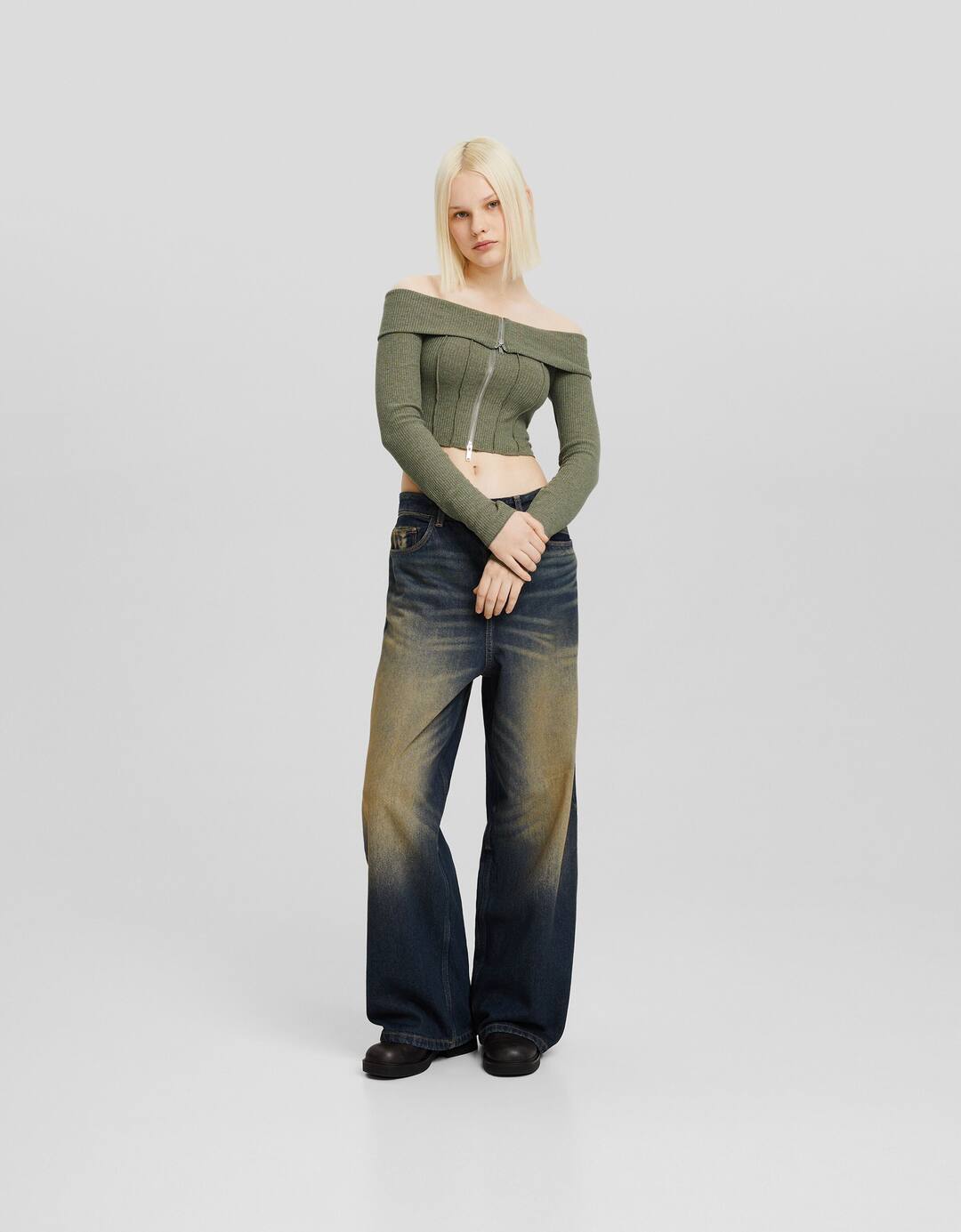 Zip-up knit bardot neck cardigan