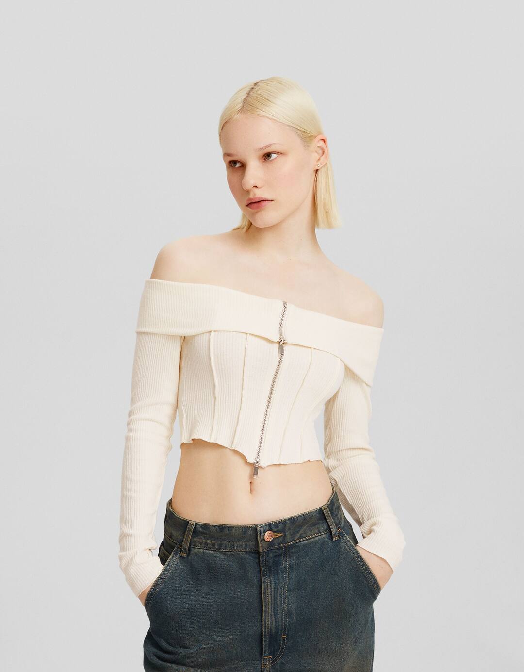 Zip-up knit bardot neck cardigan
