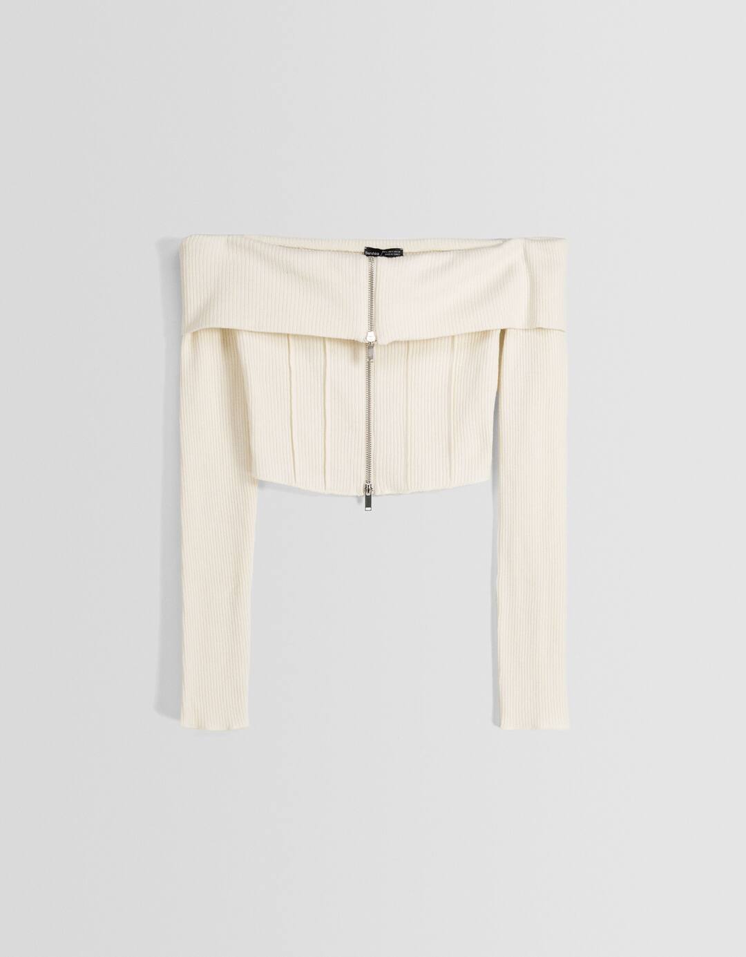 Zip-up knit bardot neck cardigan