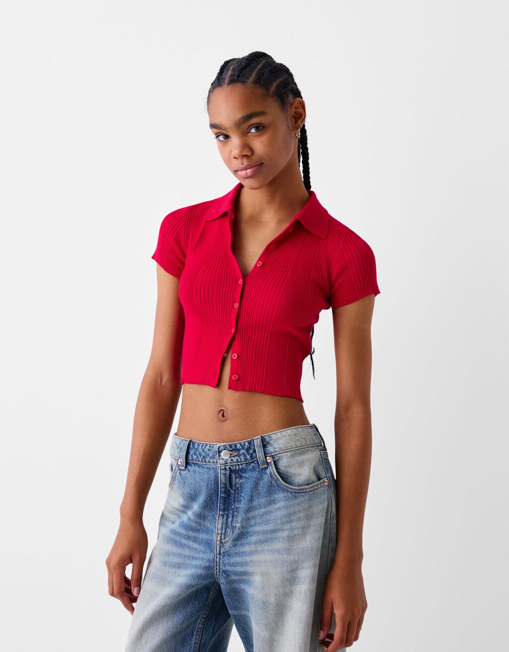 قميص بولو بأكمام قصيرة وأزرار-أحمر-0