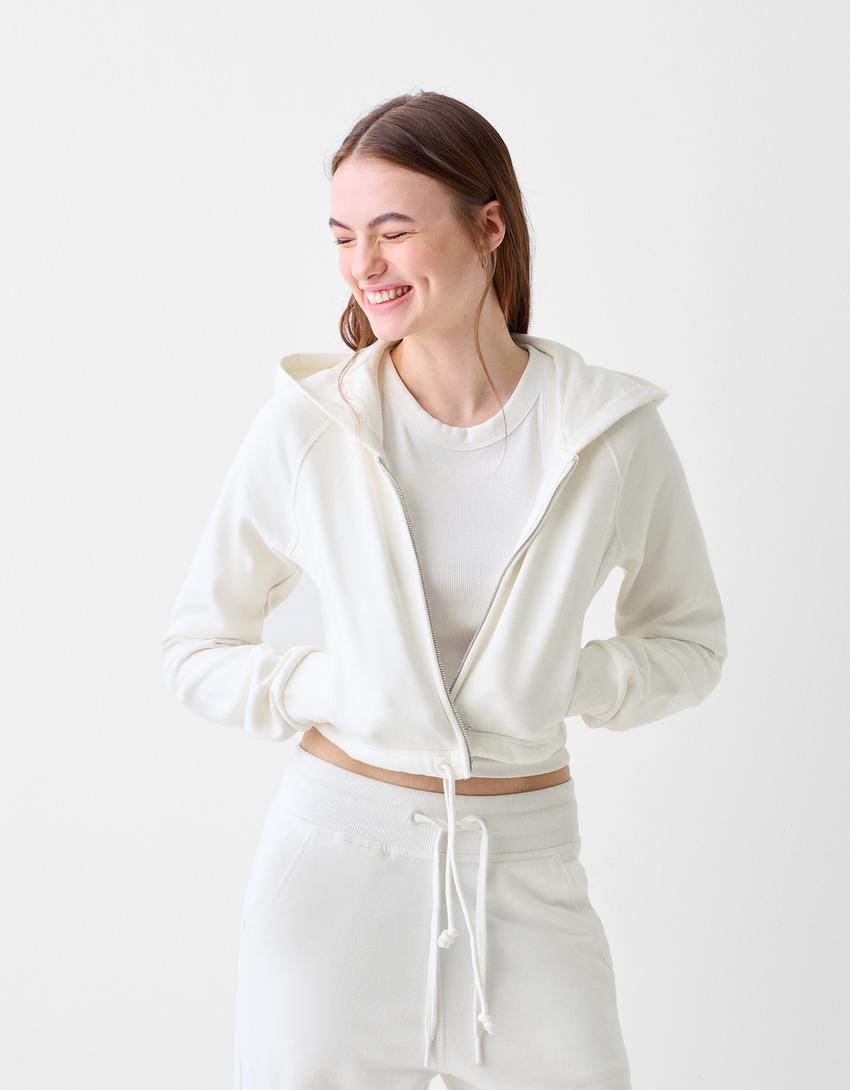 Fermuarlı crop kapüşonlu sweatshirt-Kirli beyaz-0