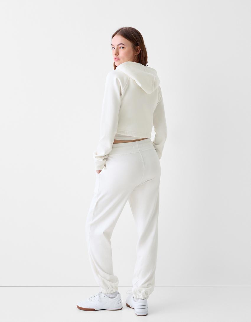 Fermuarlı crop kapüşonlu sweatshirt-Kirli beyaz-1