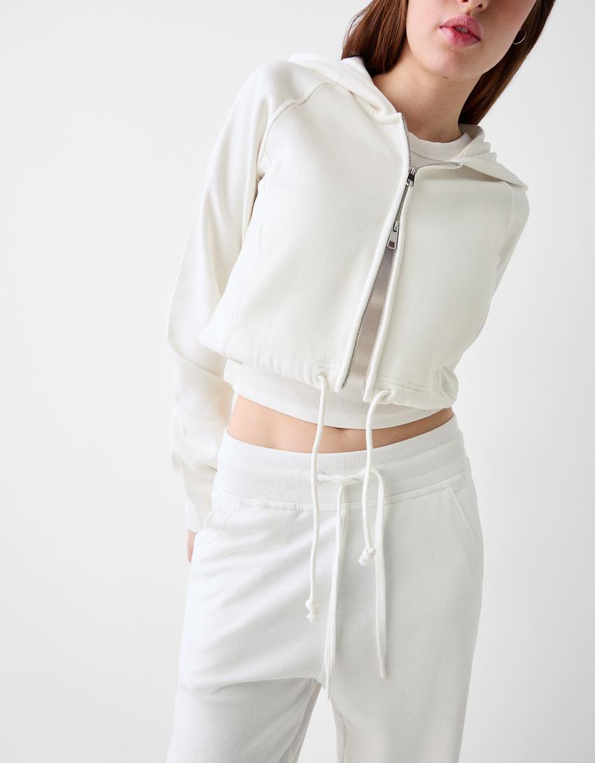 Fermuarlı crop kapüşonlu sweatshirt-Kirli beyaz-6