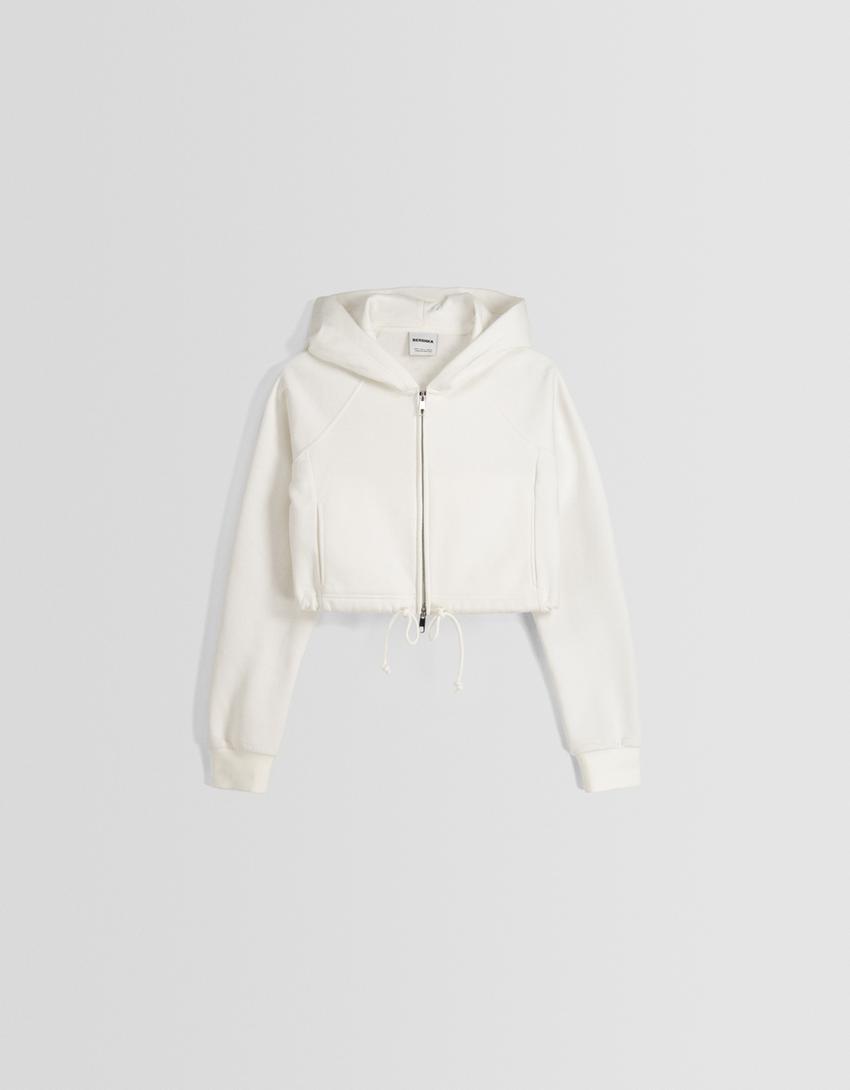 Fermuarlı crop kapüşonlu sweatshirt-Kirli beyaz-4