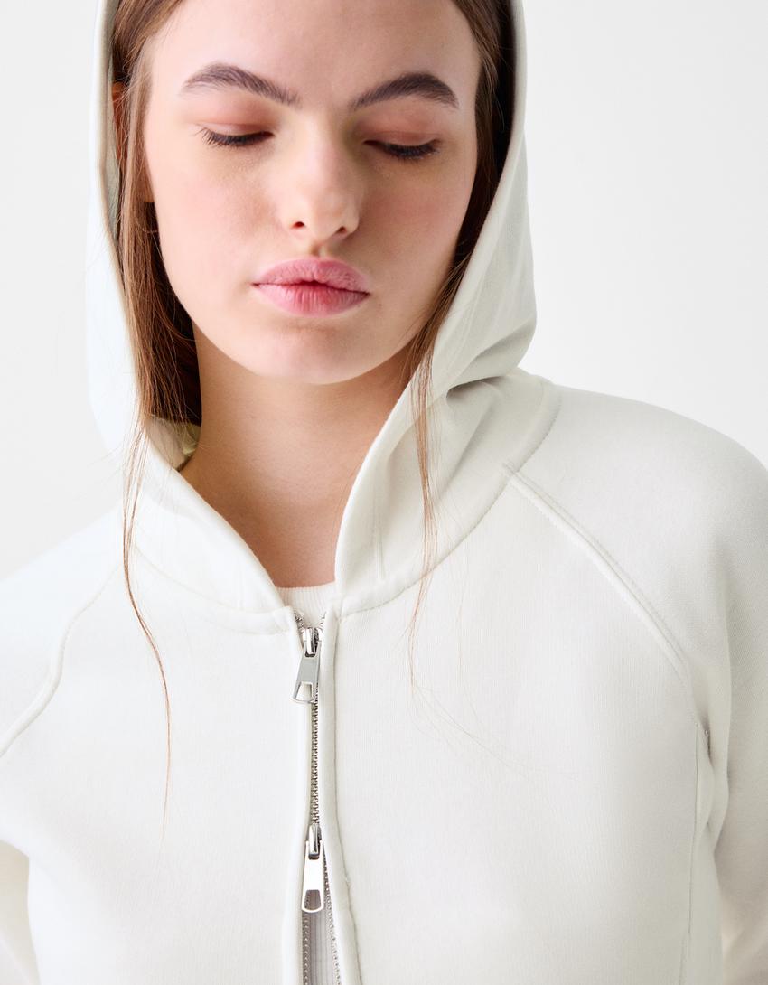 Fermuarlı crop kapüşonlu sweatshirt-Kirli beyaz-5