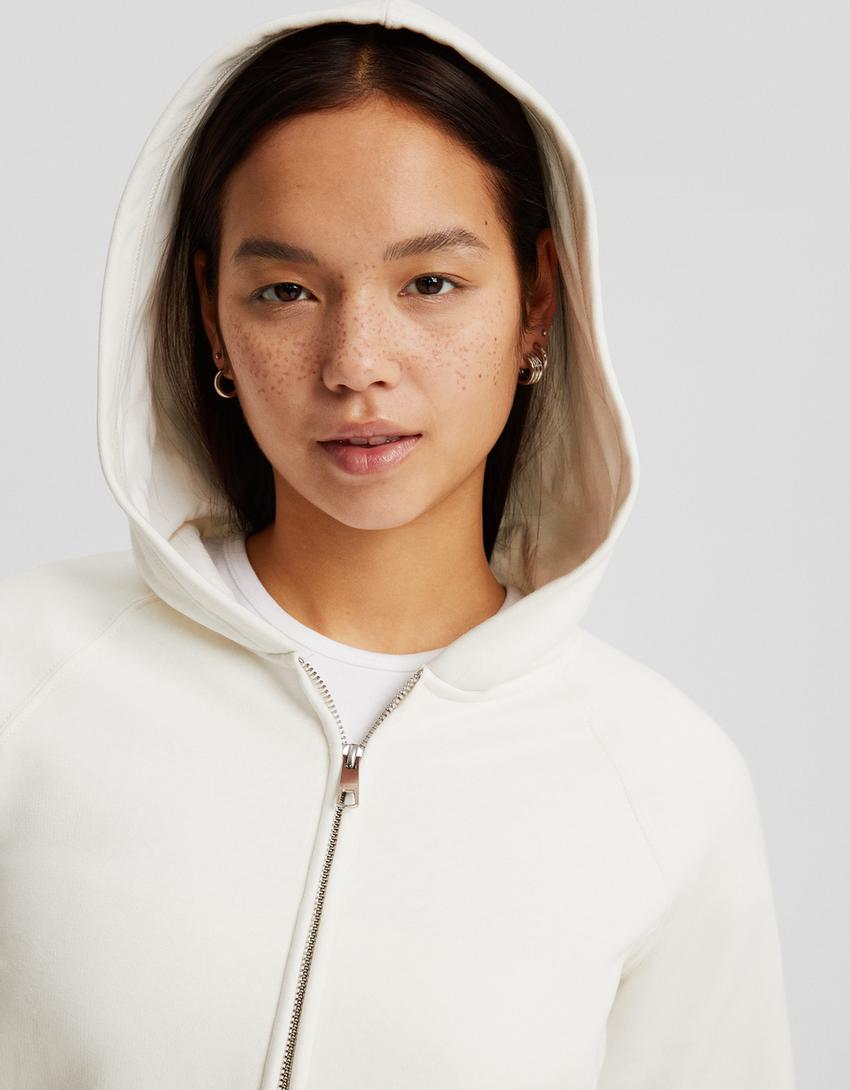 Fermuarlı crop kapüşonlu sweatshirt-Kirli beyaz-2