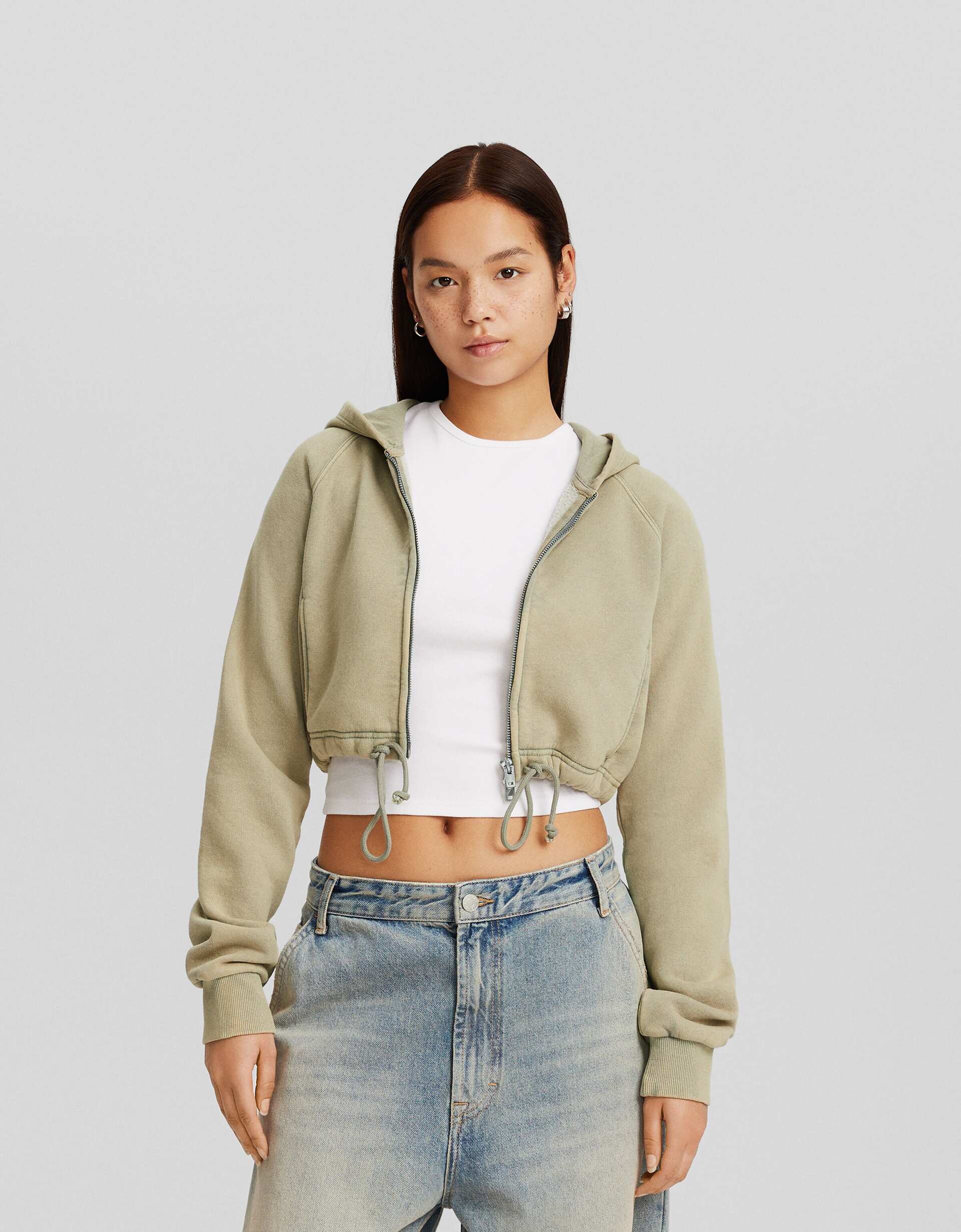 Cropped zip-up hoodie with print
