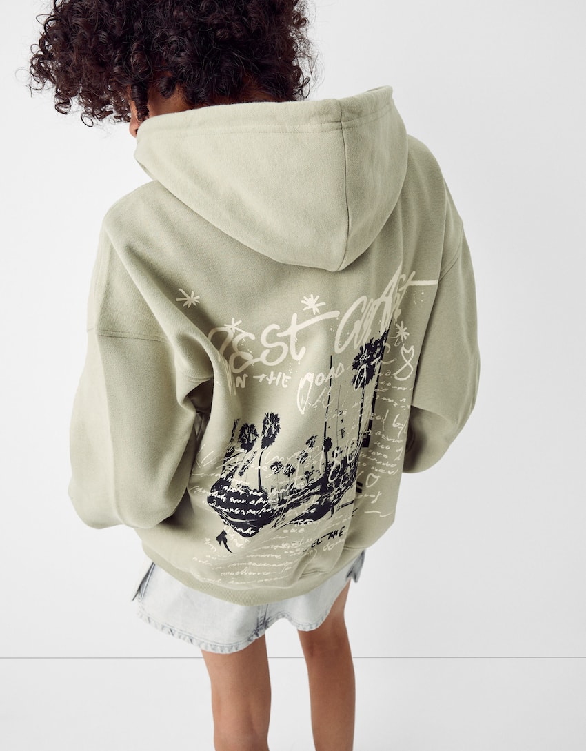 Printed oversize zip-up hoodie-Khaki-6