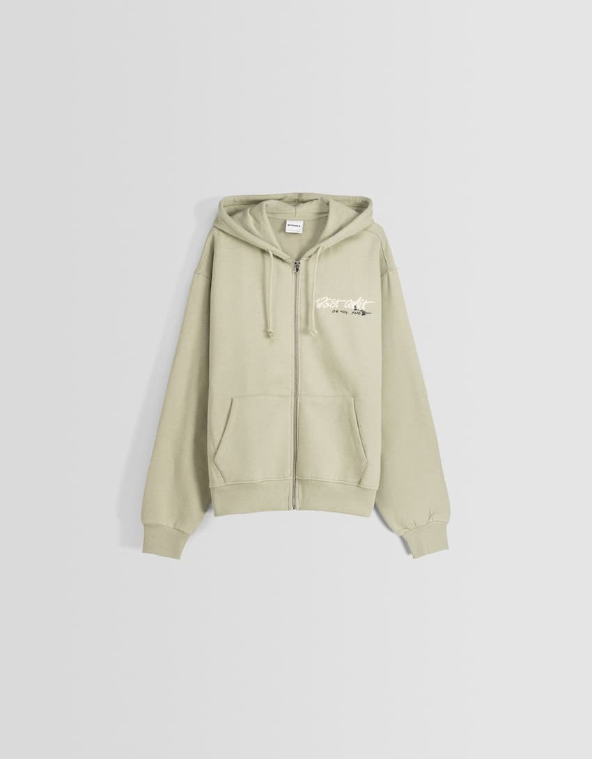 Printed oversize zip-up hoodie-Khaki-4
