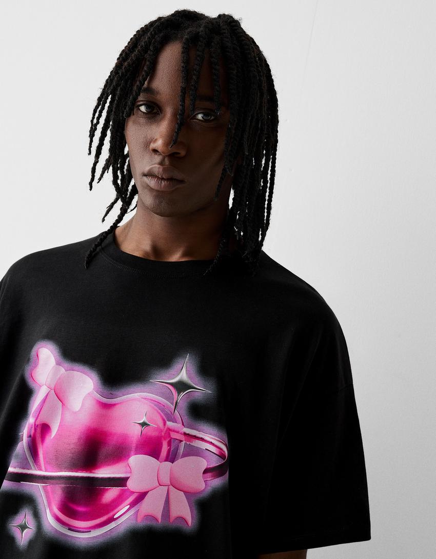 T-shirt Bershka Wearable Art oversize imprimé-Noir-3