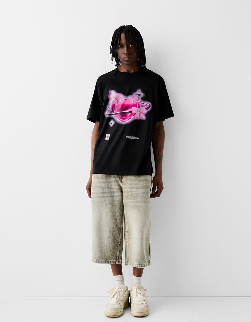 T-shirt Bershka Wearable Art oversize imprimé-Noir-4