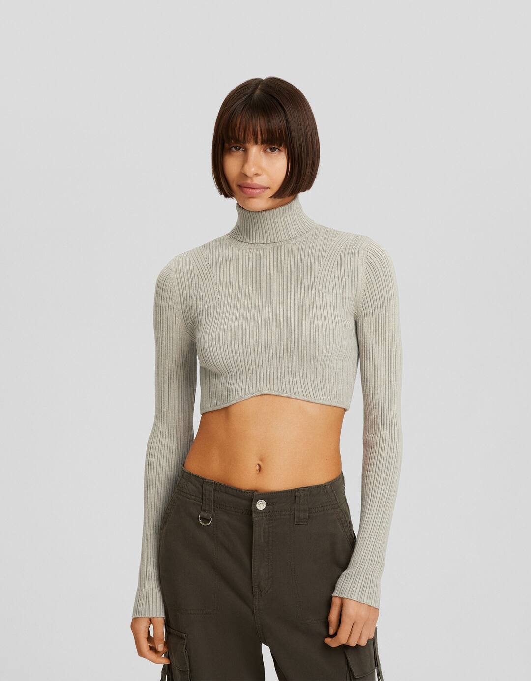 Ribbed high neck cropped sweater