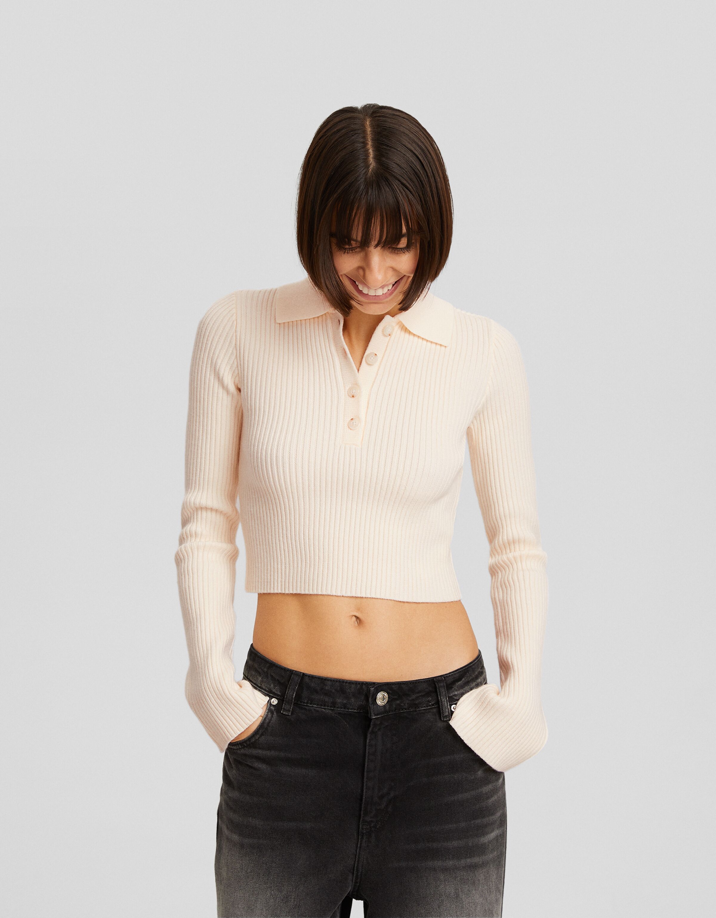 Pull cropped manches longues col polo boutons Pulls et gilets