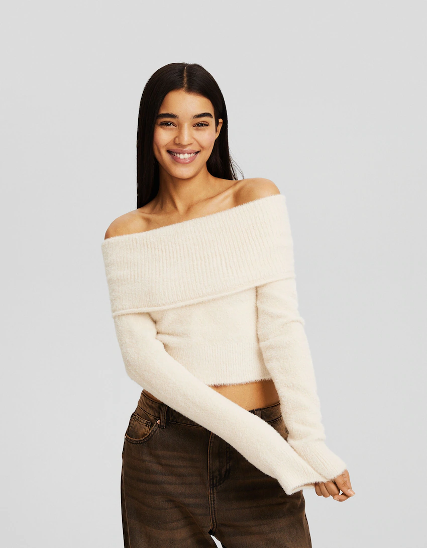 Faux fur off-the-shoulder sweater - Sweaters and cardigans - BSK Teen