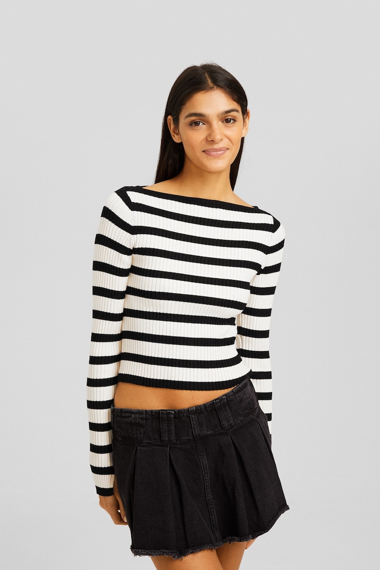 Ribbed striped boat neck sweater