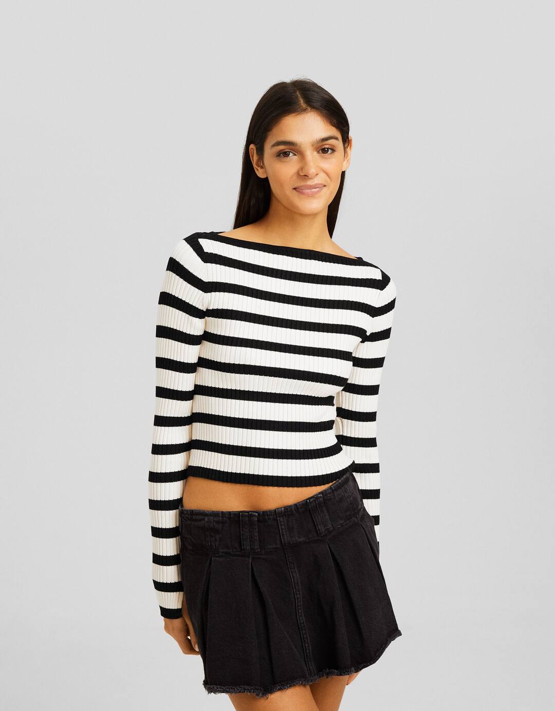 Ribbed striped boat neck sweater