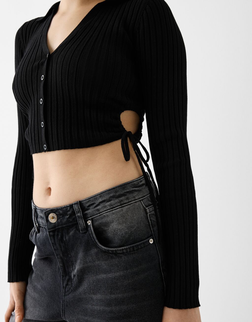 كارديغان بياقة بولو وأزرار وجانب بزمة-أسود-2