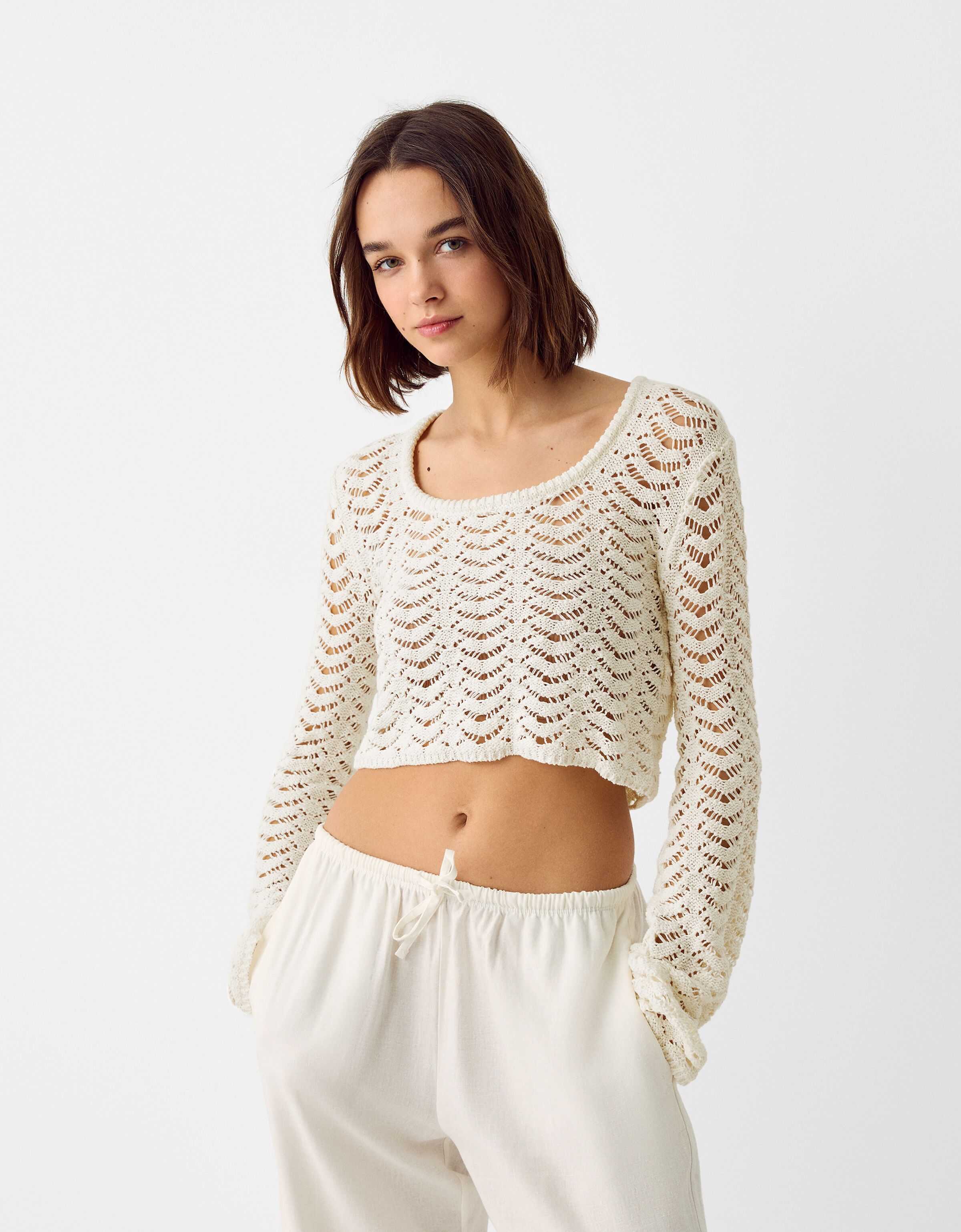 Open knit scoop neck sweater