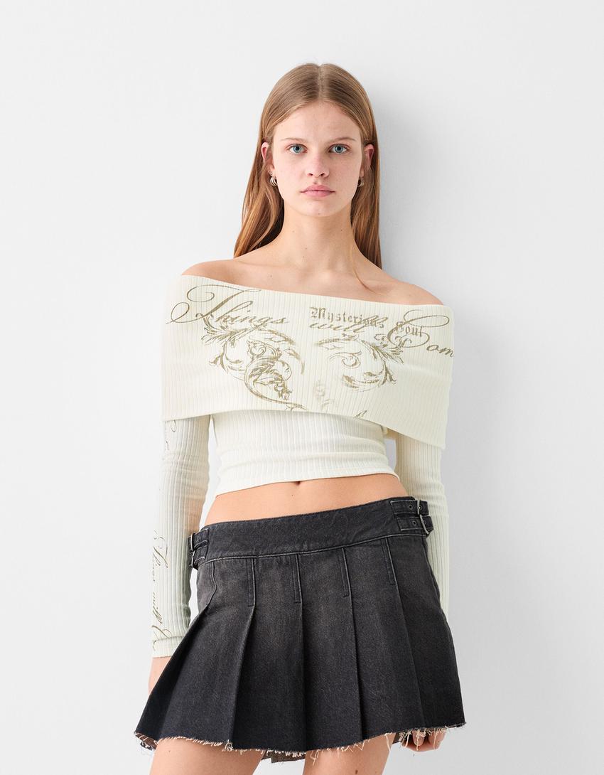 Pull Bardot manches longues broderie-Blanc cassé-0