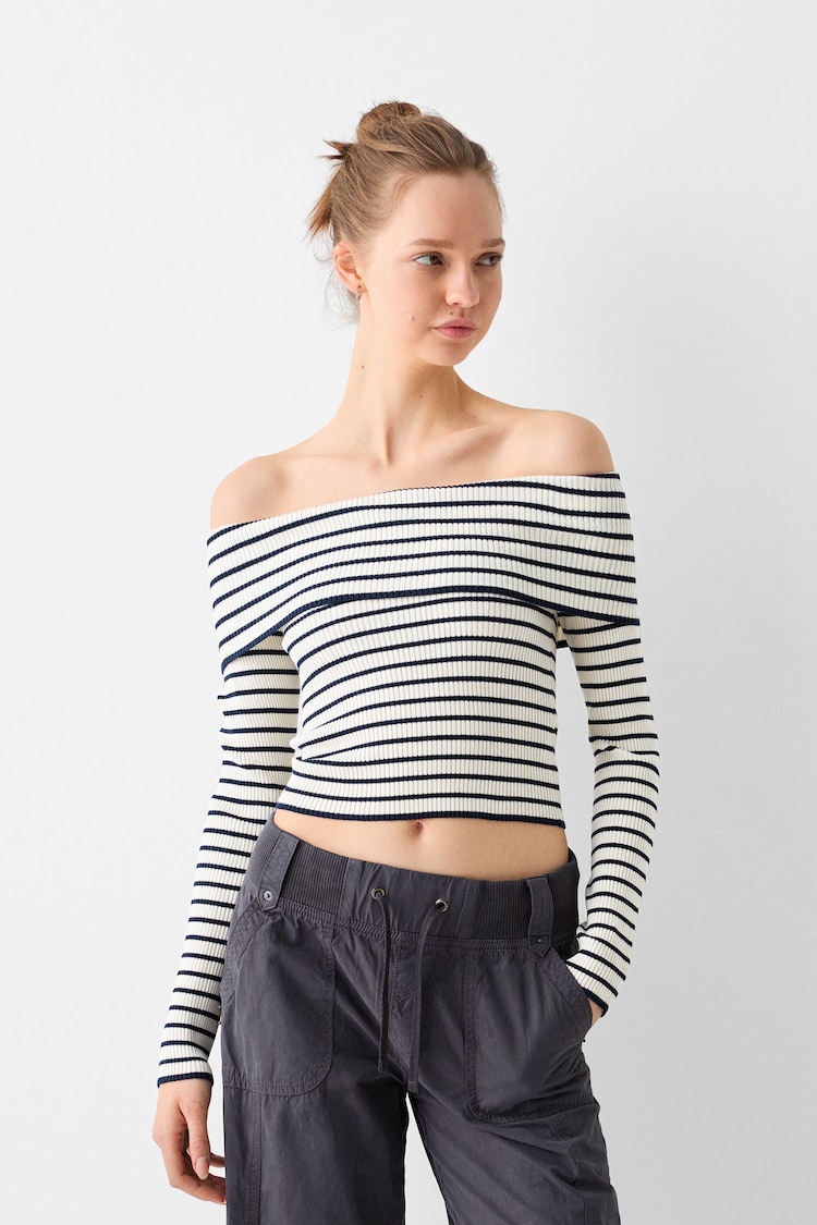 Striped bardot sweater with turn-up detail