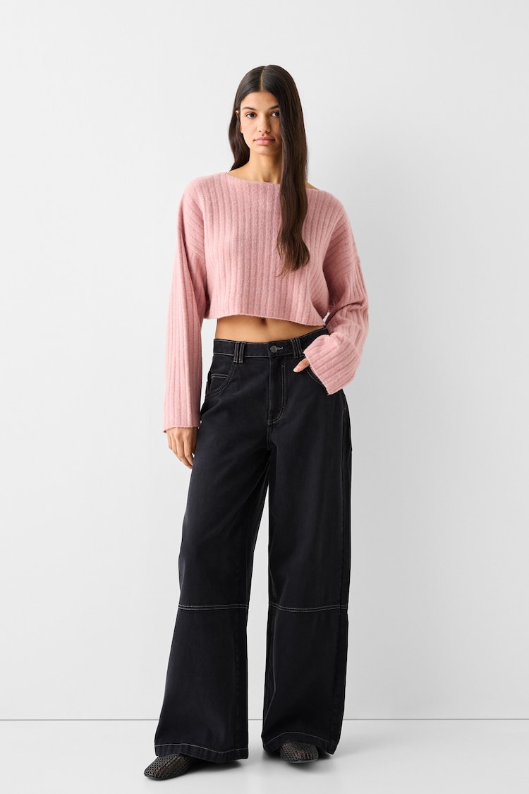 Cropped ribtricot trui met aflopende schouders