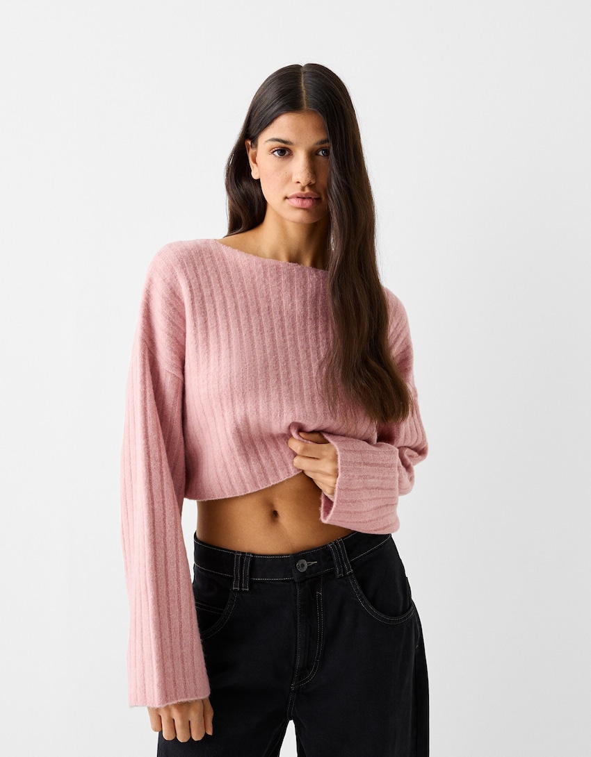 Cropped ribbed knit drop-shoulder sweater - Sweaters and cardigans - BSK Teen