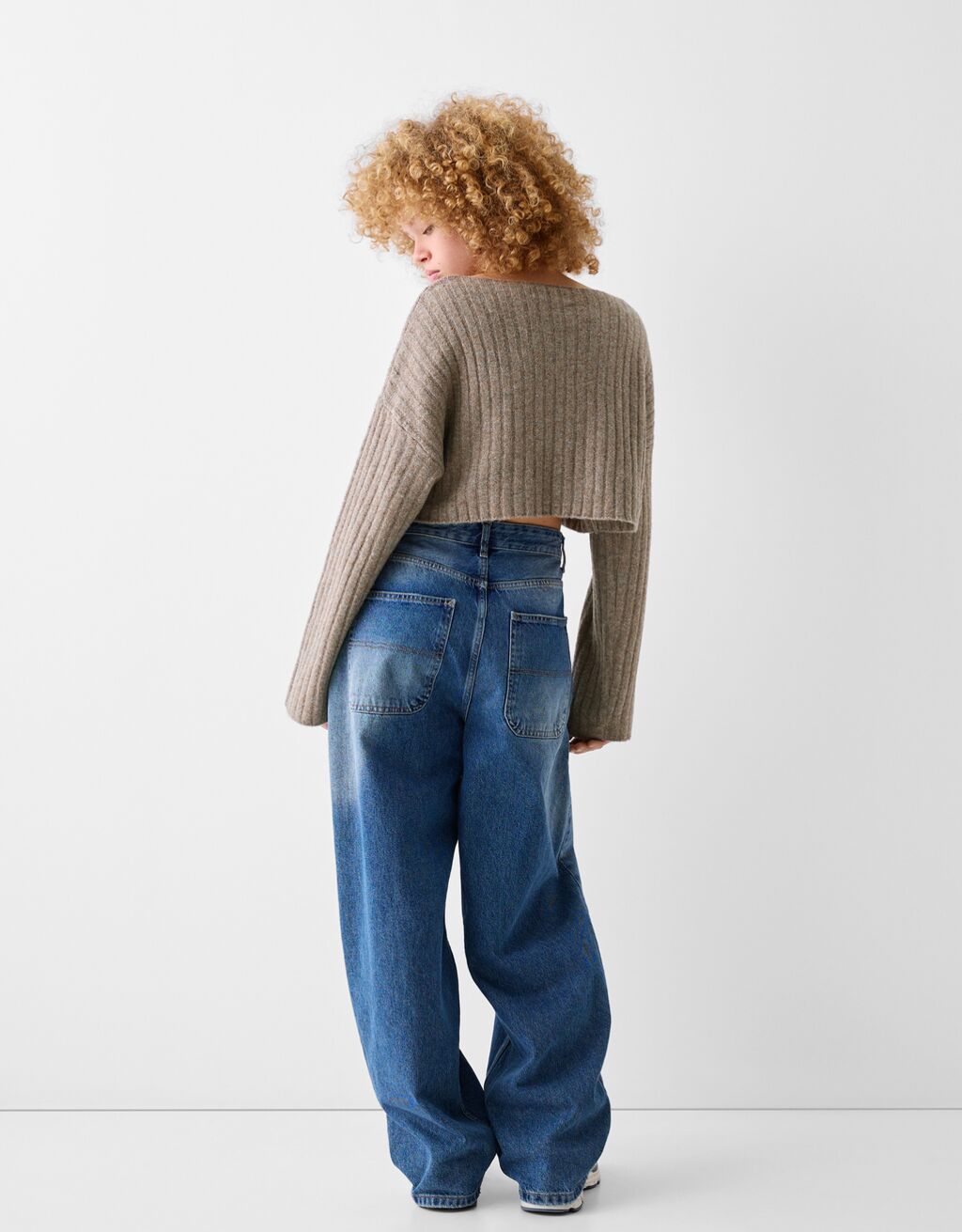 Pull cropped maille bord-côte épaules tombantes-Marron-2