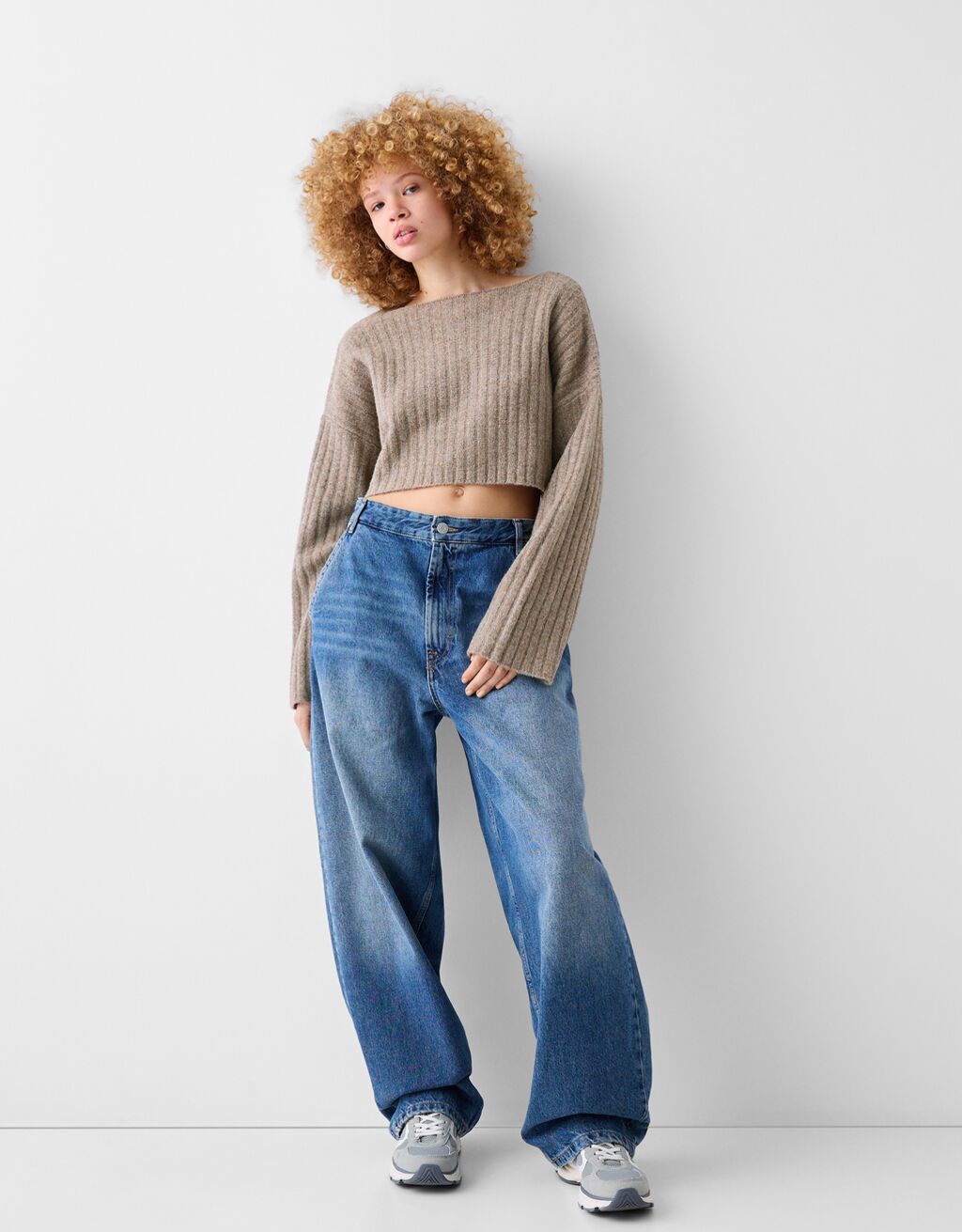 Pull cropped maille bord-côte épaules tombantes-Marron-0