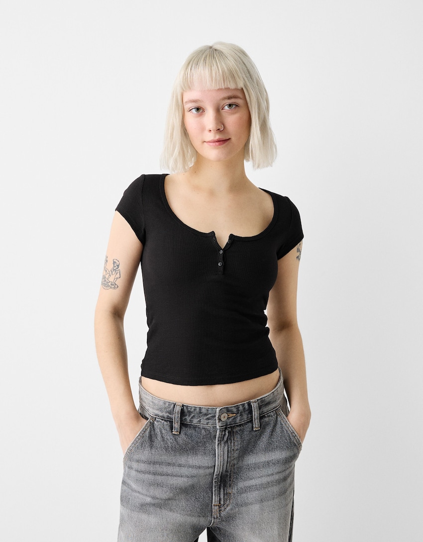 Short sleeve T-shirt with pointelle knit detail