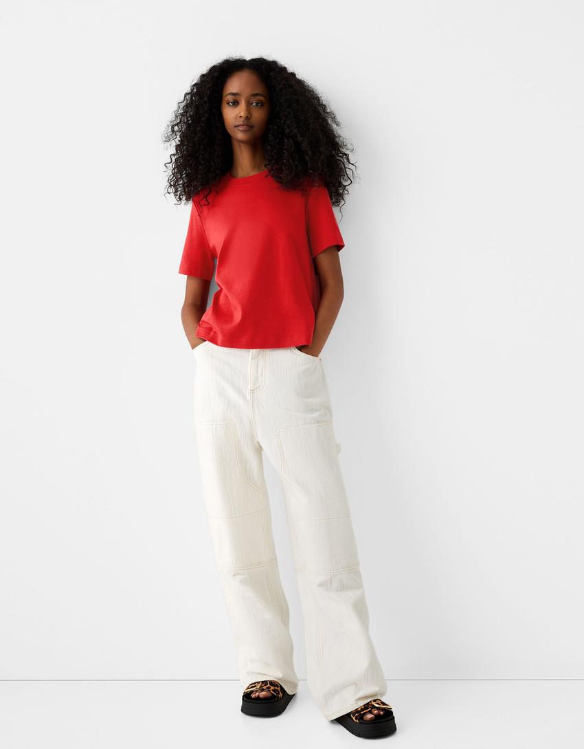 تيشرت بقصّة عادية وأكمام قصيرة-أحمر-3