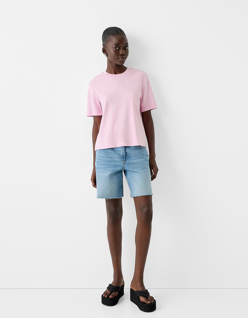 تيشرت بقصّة عادية وأكمام قصيرة-زهري-3