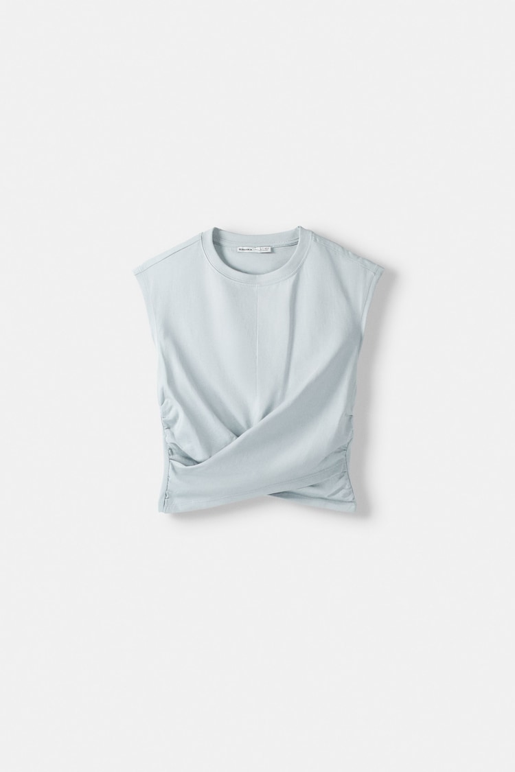 Sleeveless T-shirt with crossover front